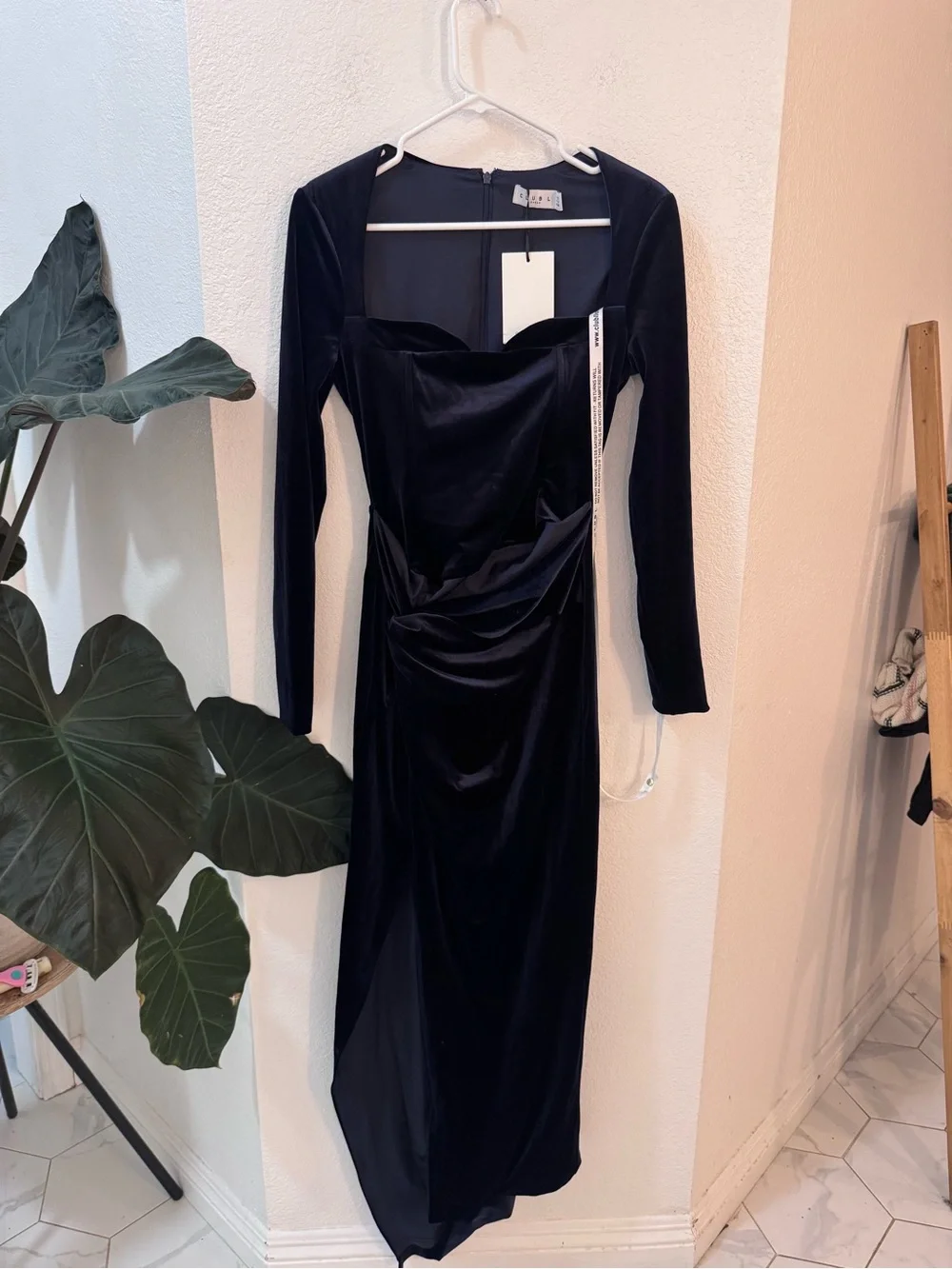 Club L Fay Navy Velvet Corset Style Knot Long-Sleeve Ruched Evening Dress Formal